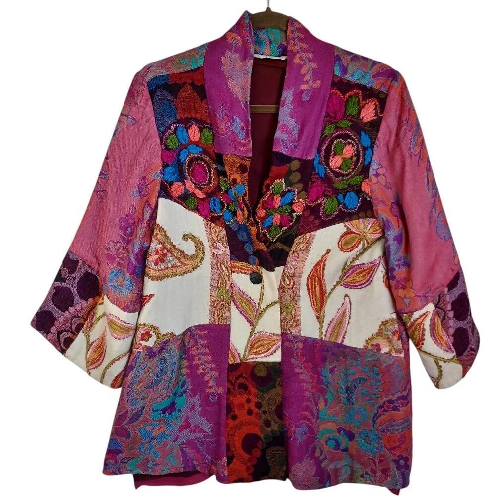 Soft Surroundings Jacket Pink Paisley Patchwork Boho Embroidered Womens Small‎